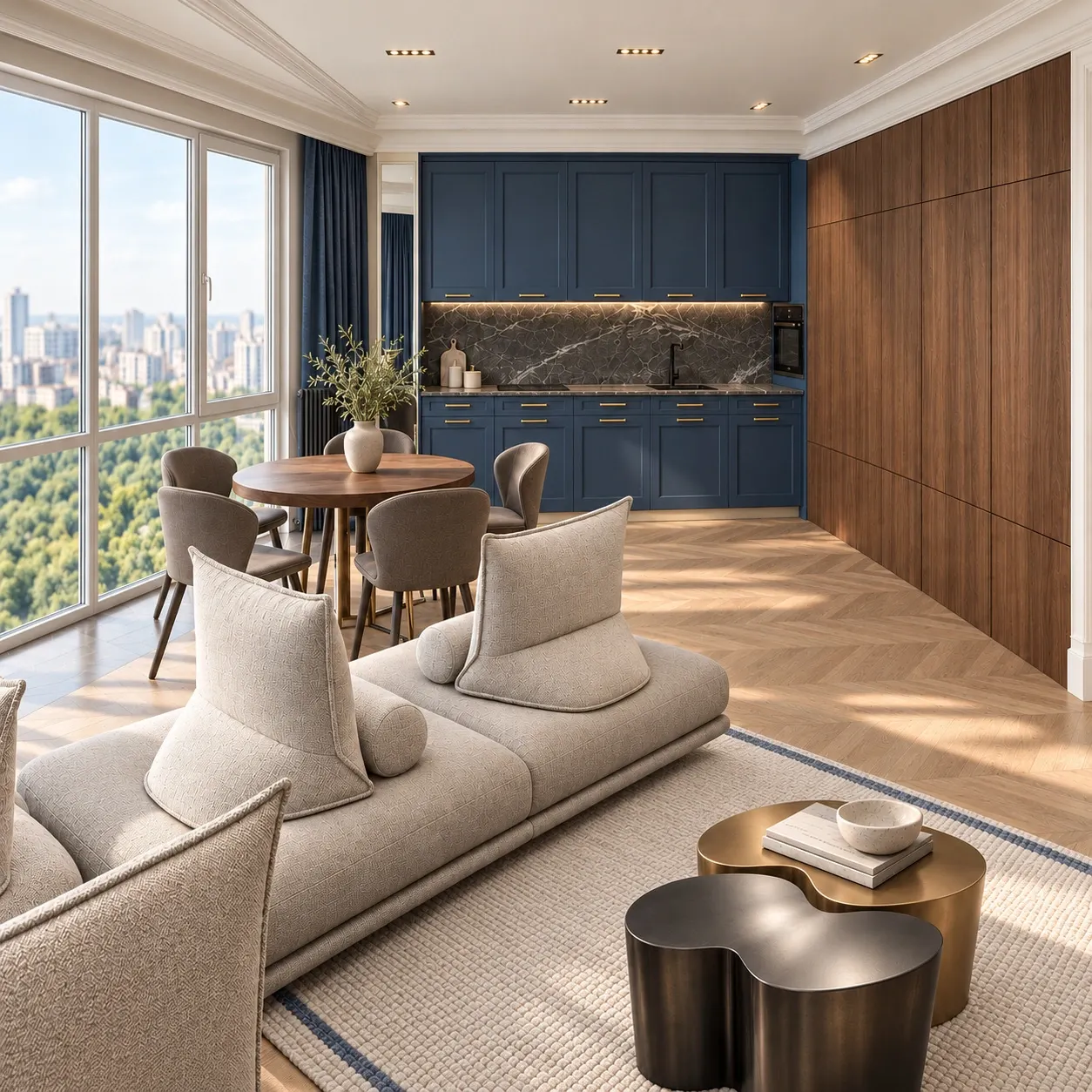 Open-plan living and dining area with navy kitchen cabinets and city views