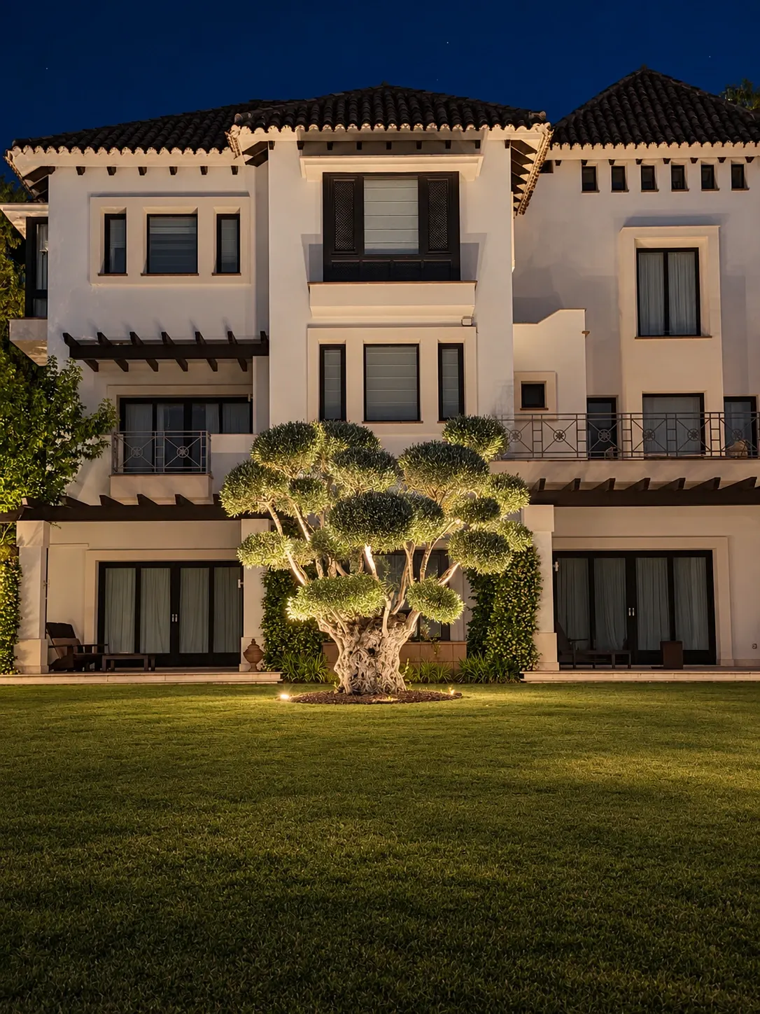 An illuminated sculptural olive tree on a lawn in front of a Mediterranean villa at night.