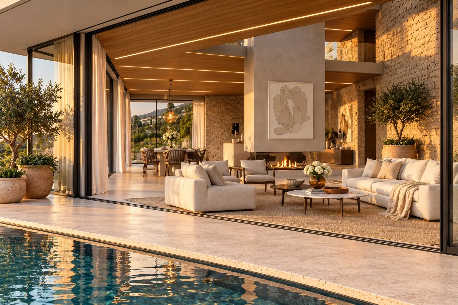 Poolside view into the villa living room with a suspended fireplace and warm timber ceiling.