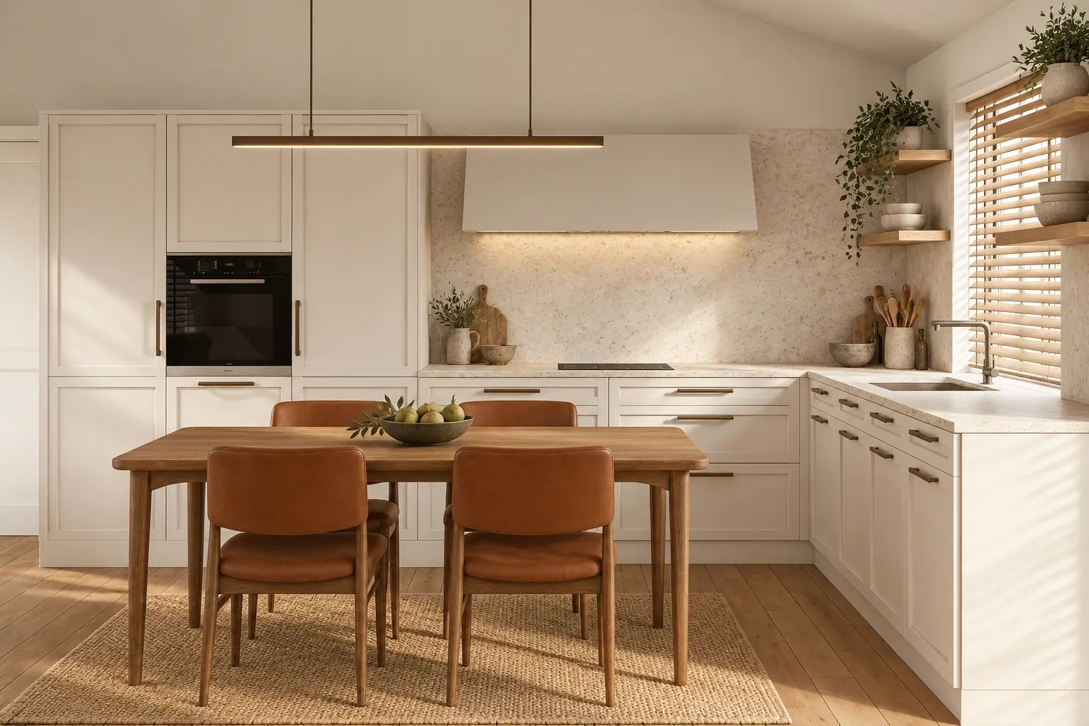 Cocina y comedor con sillas de madera y mobiliario claro