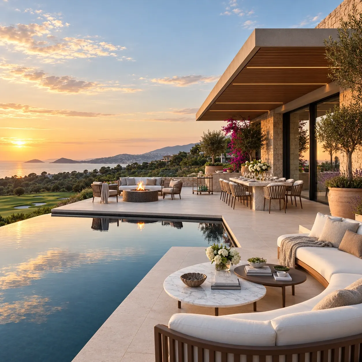 Terrace with an infinity pool, outdoor lounge and dining area at sunset.