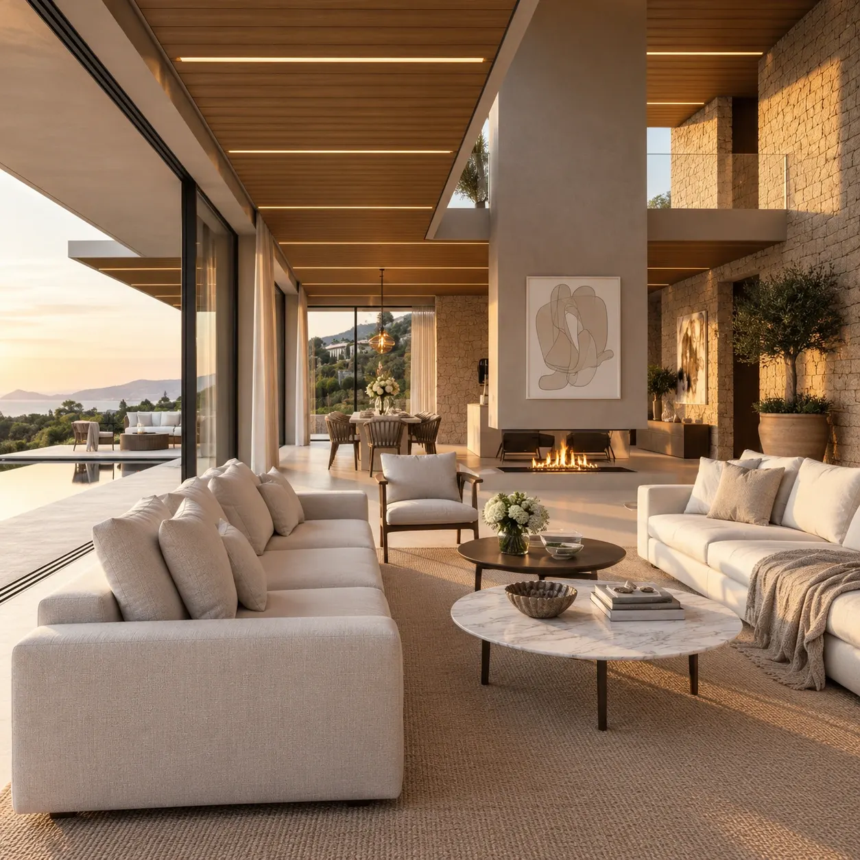 Living room with ivory sofas, marble coffee tables and a suspended fireplace.