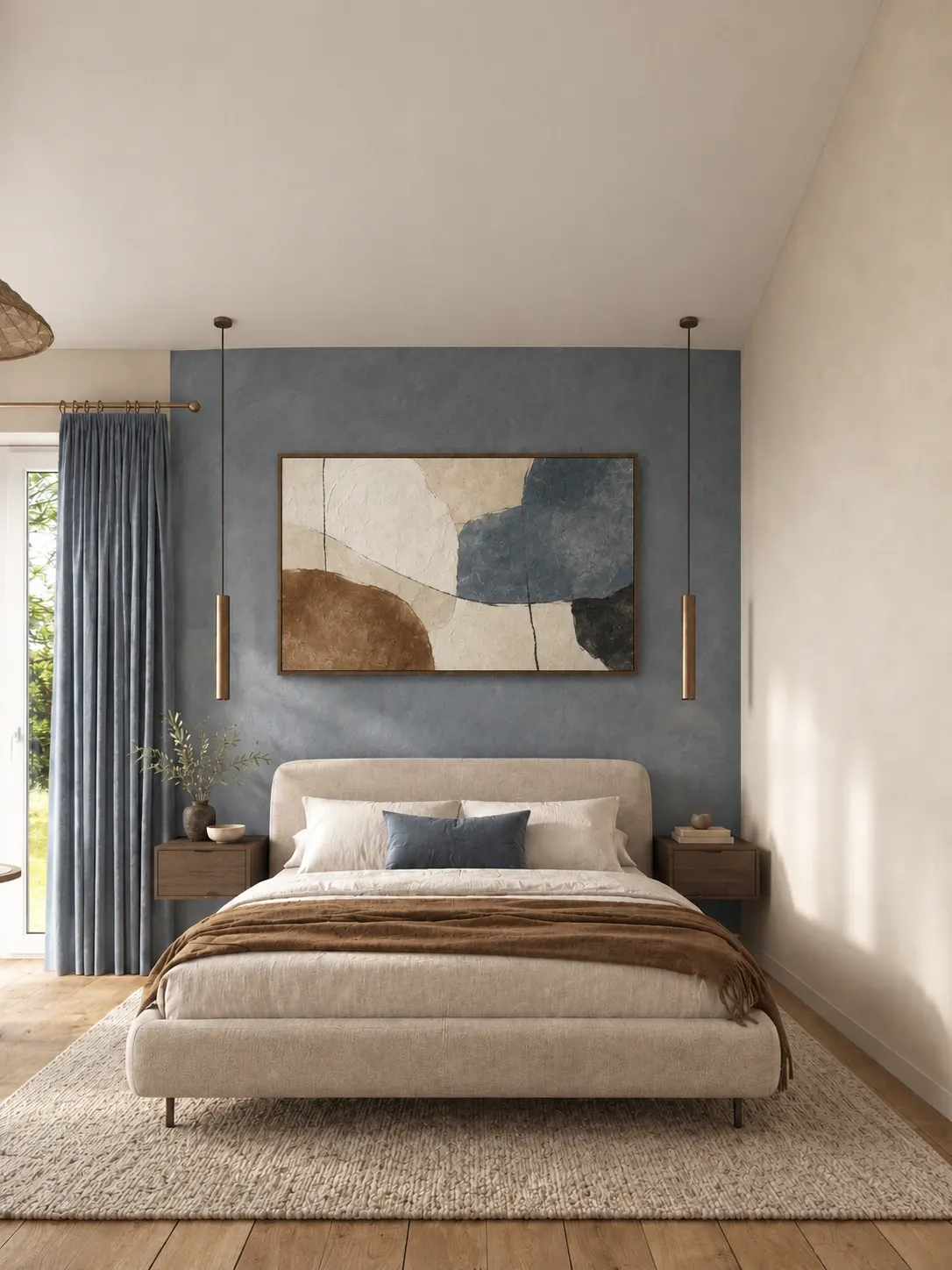 Dormitorio azul con obra abstracta sobre la cama