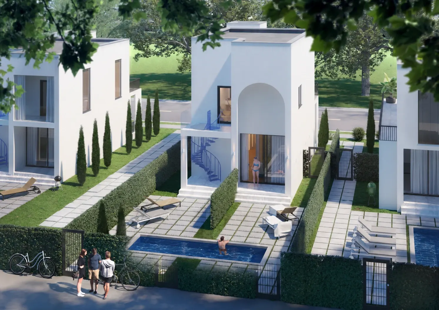 Villa garden with a swimming pool, hedges and outdoor seating.