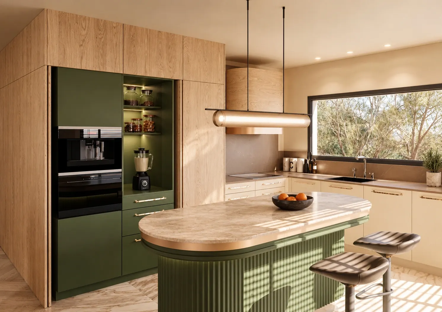 Olive-green kitchen island with a fluted base and rounded countertop