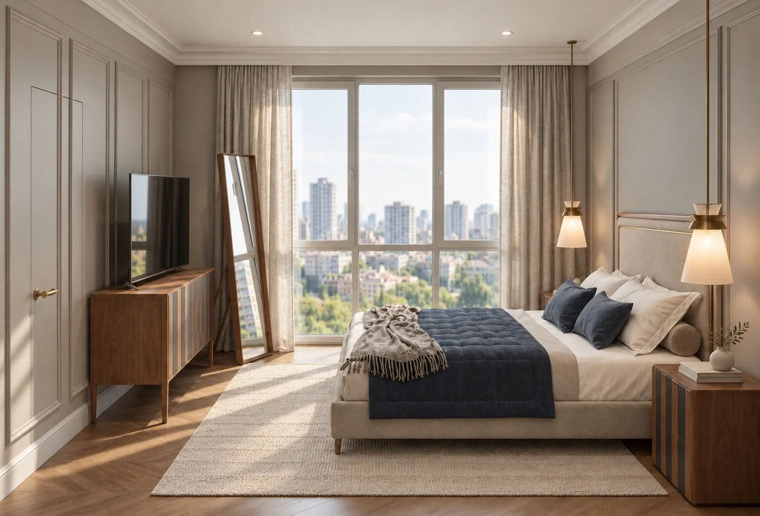 Bedroom with walnut-toned furniture and blue textile accents