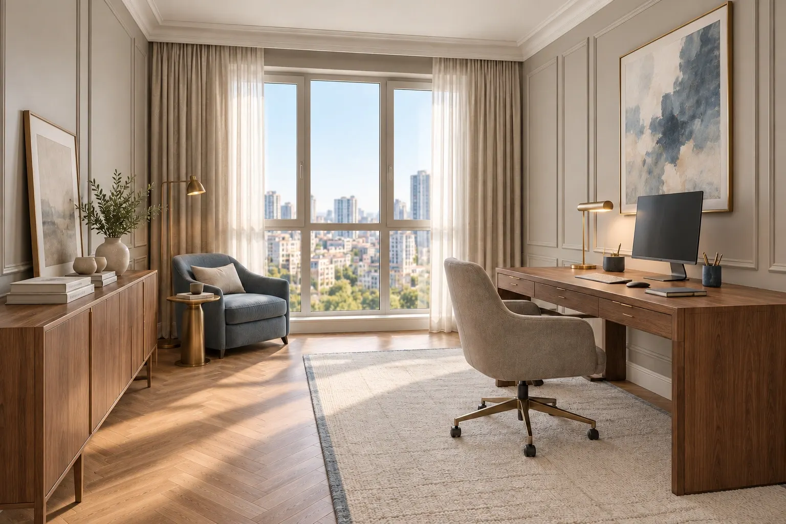 Home office with a reading corner and city views