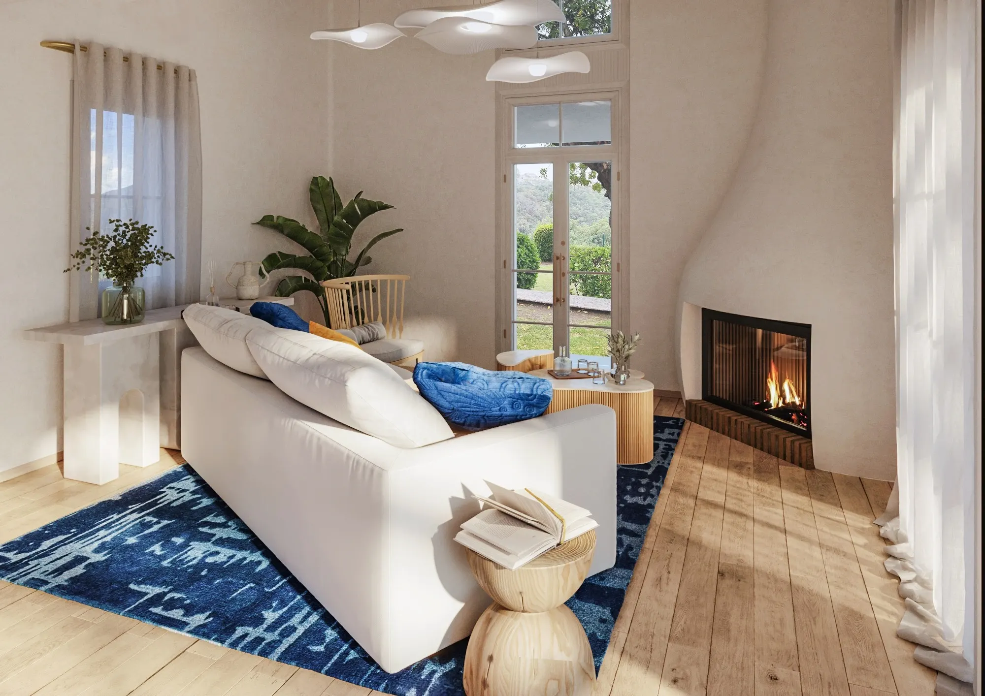 Living room with a curved corner fireplace, white sofa and blue patterned rug.