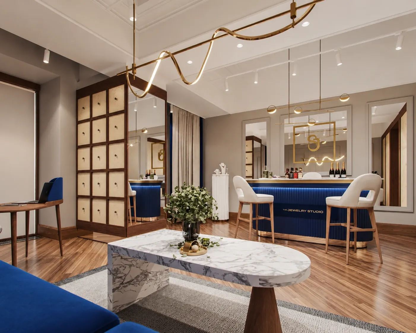 Wood-framed display partition and mirrors beside the lounge and consultation area.