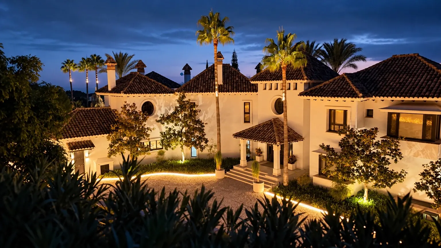 Mediterranean villa entrance framed by illuminated palms and planting at blue hour.