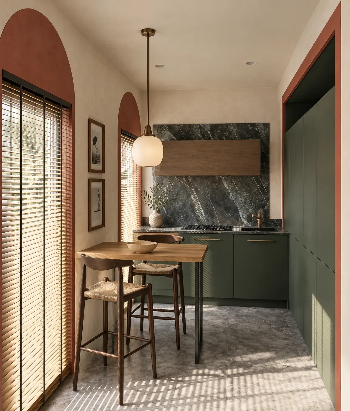 Compact kitchen with olive cabinetry, terracotta accents and a timber dining table.