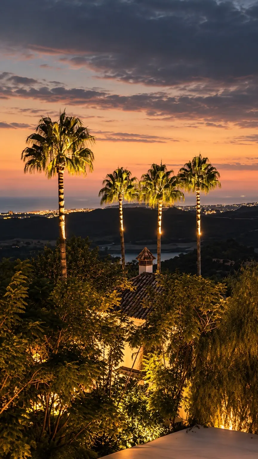 Illuminated palms and garden foliage around a tiled rooftop, with a distant coastal panorama at sunset.