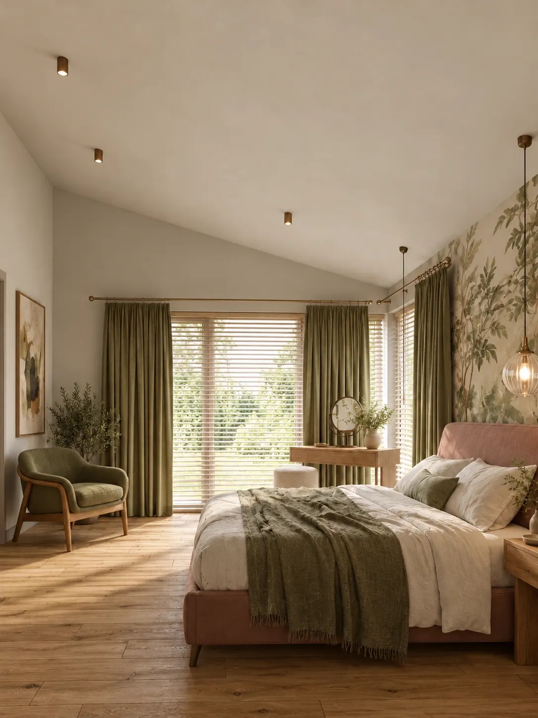 Dormitorio botánico, vista lateral con una lámpara colgante de vidrio