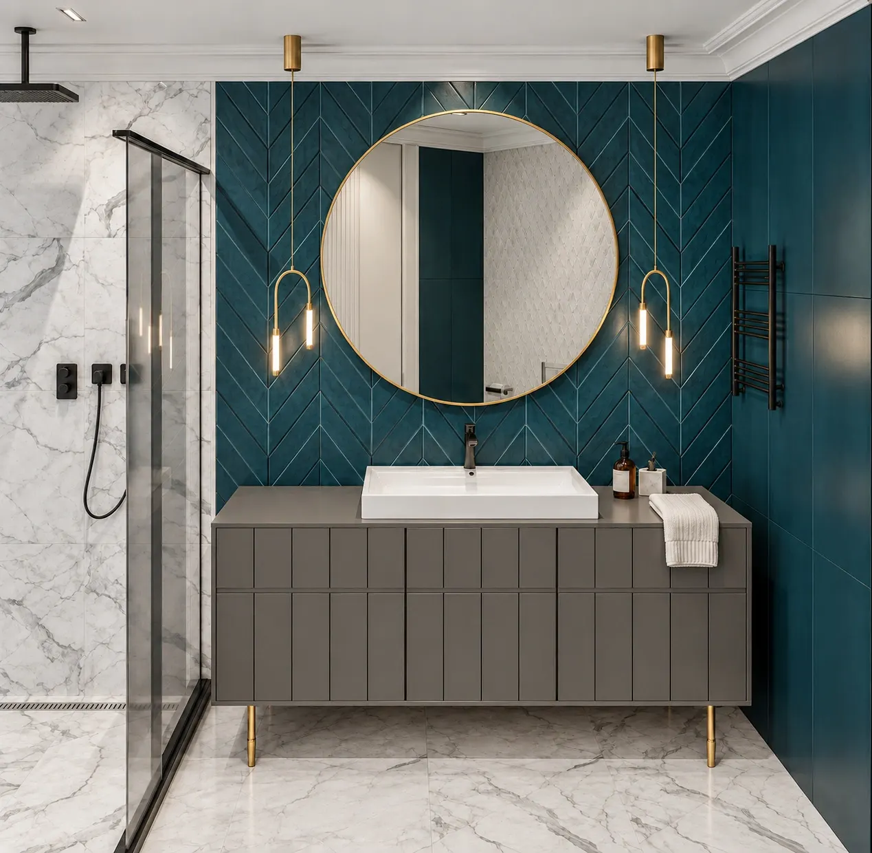 Shower room with teal chevron tiles, brass pendants and a round mirror