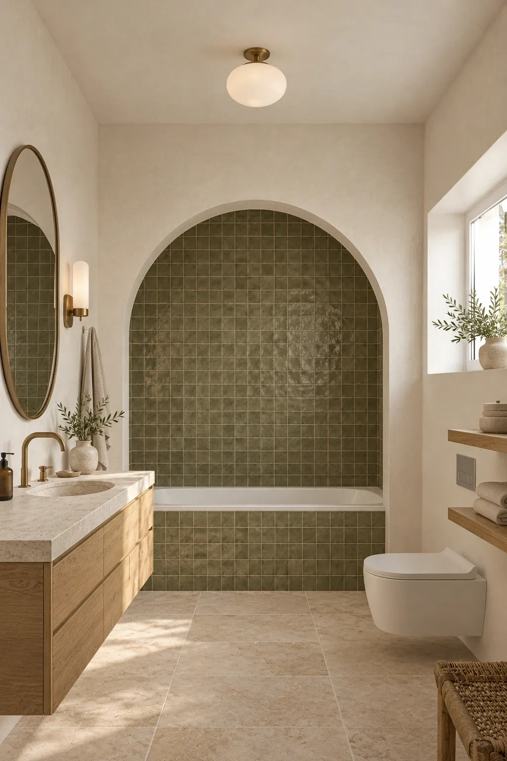 Baño con revestimiento en arco de azulejo verde oliva