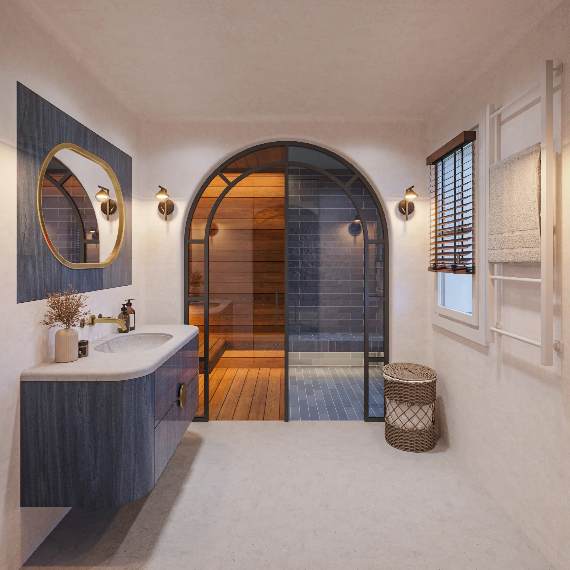 Bathroom with a blue vanity, round mirror and arched glazed door to a timber-lined sauna.