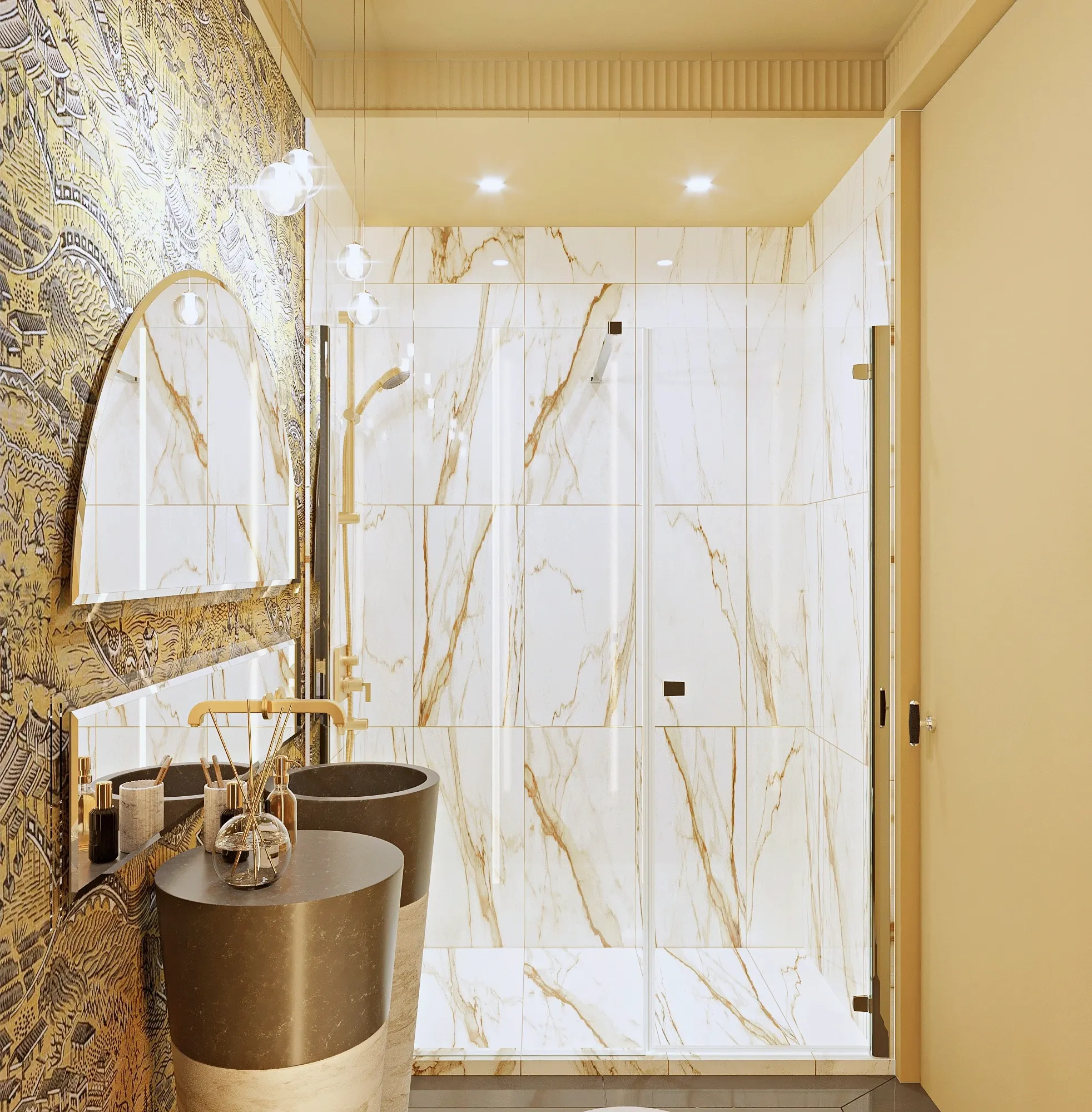 Side view of the guest bathroom and veined shower surfaces