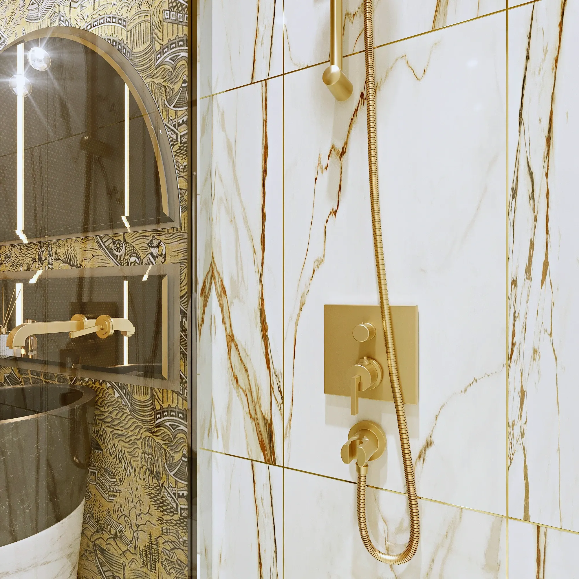 Close-up of gold-toned fittings, veined surfaces and mirror details