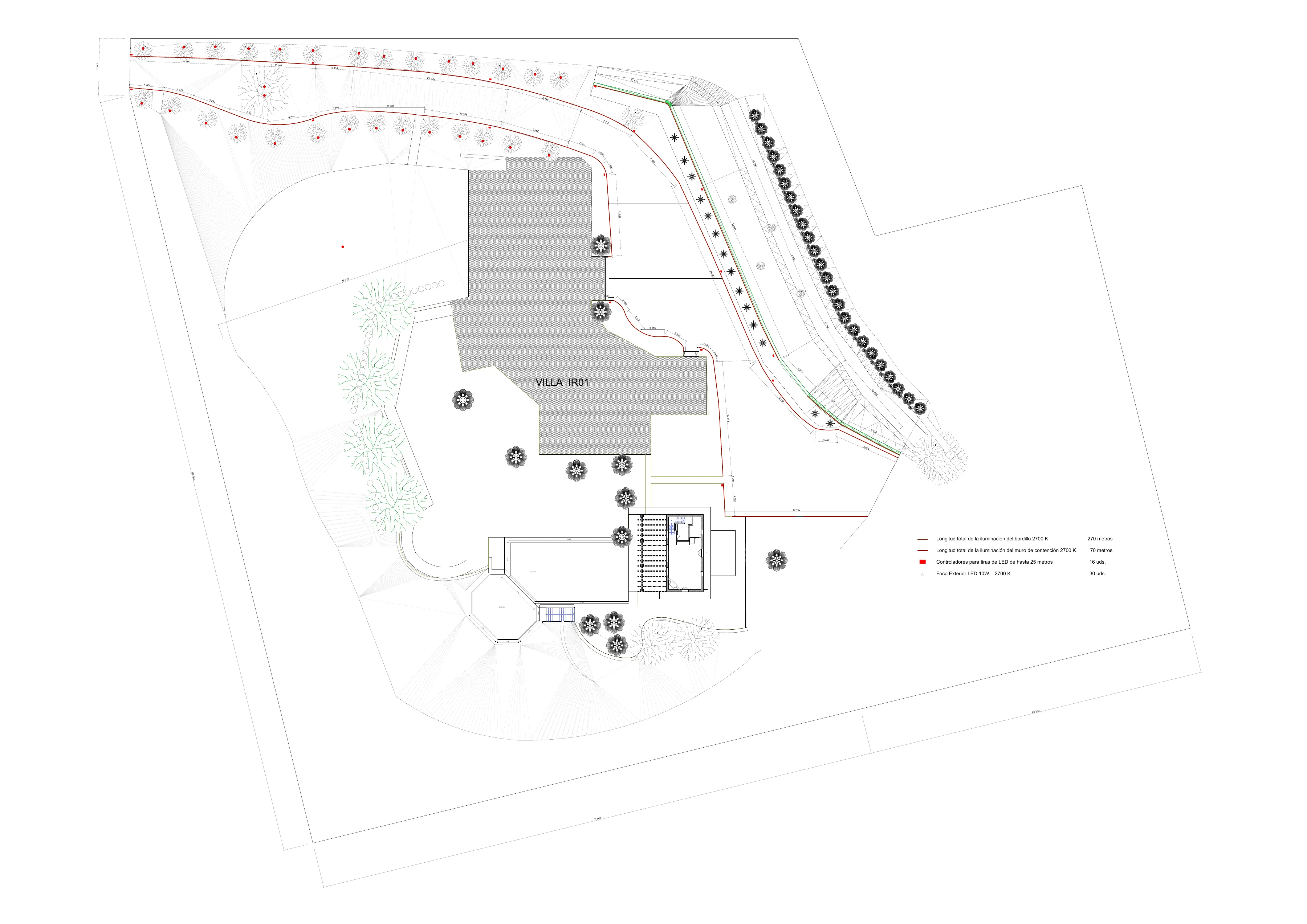 Site plan of the villa grounds showing tree positions, driveway kerb lighting and retaining wall lighting runs.